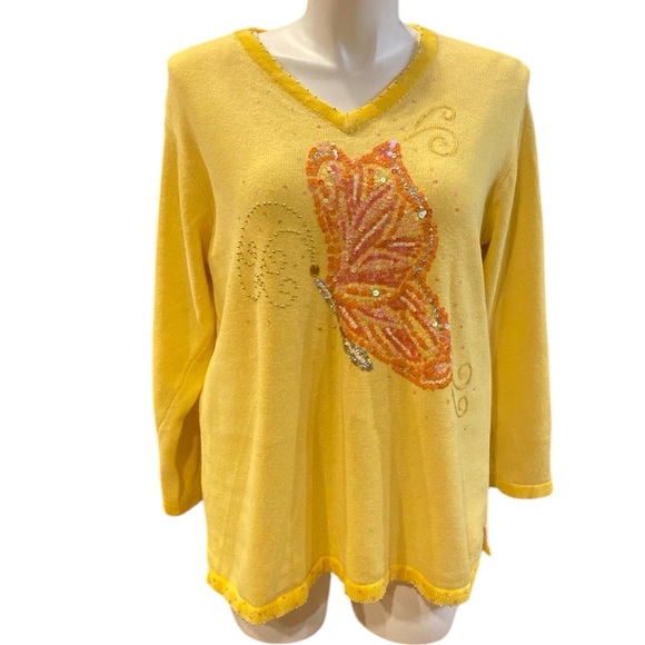 Quacker Factory Yellow V-Neck Sweater With Sequined Butterfly, Size 1X - Picture 1 of 8